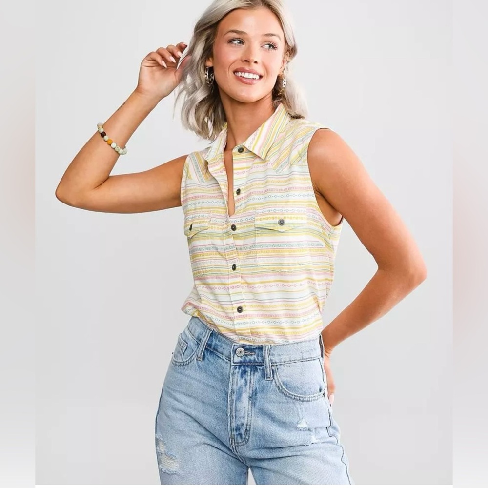 Sleeveless Yellow Stripe Button-Up Top